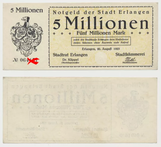 Erlangen Stadt  5 Millionen  Mark  20. August 1923    Notgeld  ( 399