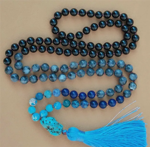 8mm Black agate 108 Beads Tassel Knotted Necklace Cuff Fancy Elegant Wrist