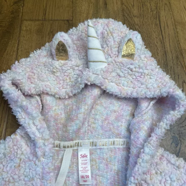 Girls Justice Pink Rainbow Fluffy Unicorn Hooded Polyester Bath Robe Size 18/20 3