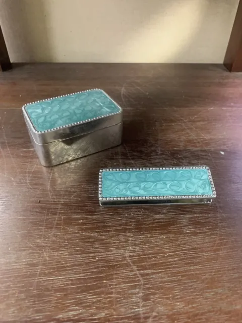 Green Silver Plate Swirl Enamel Desk Set w/Box and Note Pad Holder