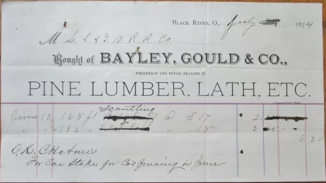 Black River, OH 1874 Letterhead, Pine Lumber, Lath, Bayley Gould and Co., Ohio