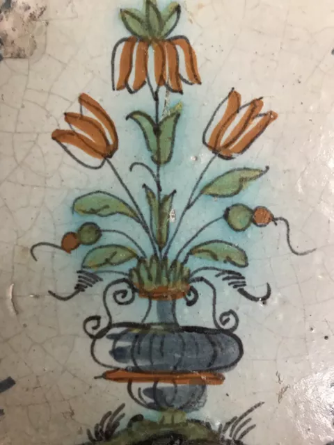 seltene antike Fliese Delft Dutch tile Kachel Tegel Niederlande polychrom Tulpe