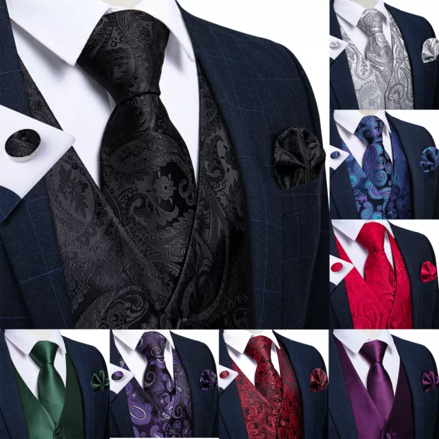 Mens Formal Wedding Waistcoat Paisley Floral Suit Vest Slim Tuxedo Silk Tie Set