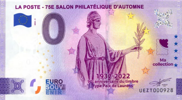 LA POSTE 75ème Salon d'Automne, Paix de Laurens, 2022, Billet Euro Souvenir