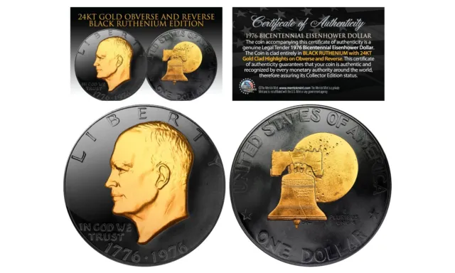 1976 Bicentennial IKE Eisenhower Dollar 2-Sided BLACK RUTHENIUM & 24KT Gold Clad