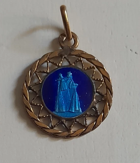 Médaillon Ancien Ovale, Pierre Bleue, Métal Doré, Style Pomponne