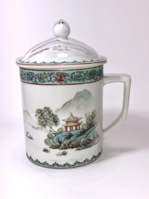 Vintage Chinese Porcelain Tea Cup/Coffee Cup/Mug With Vented Lid Water Color