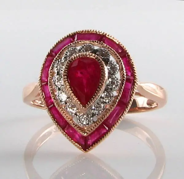 LARGE 9CT 9K ROSE GOLD INDIAN RUBY & DIAMOND PEAR ART DECO INS RING Size O