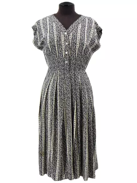 1940s Forties Retro True Vintage Black & Cream Print Rayon Dress UK 10