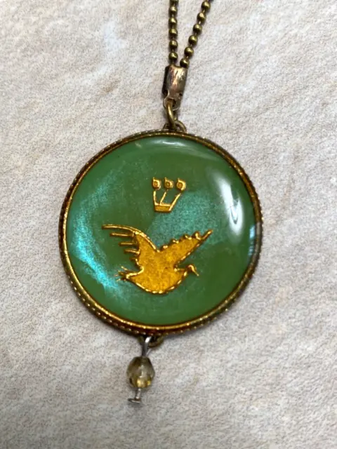 Vintage Blue & Gold Jewish Hebrew Peace Dove Bird Double Sided Pendant  Necklace