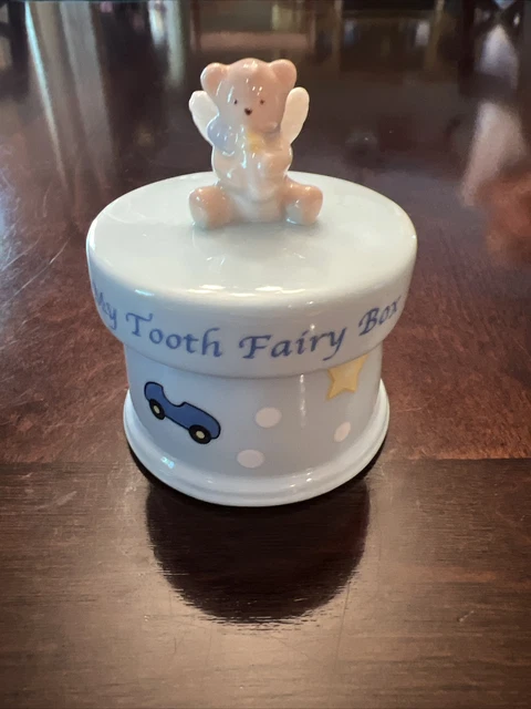 Russ My Tooth Fairy Keepsake Box Blue Teddy Bear Ceramic Porcelain Great Cond.