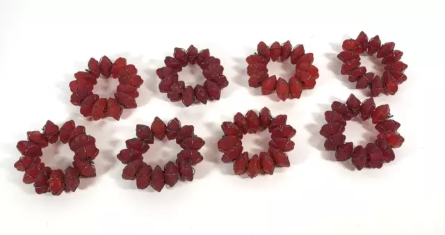 Handmade Red Glass Flower Shaped Bead and Wire Napkin Ring Holders Set of 8