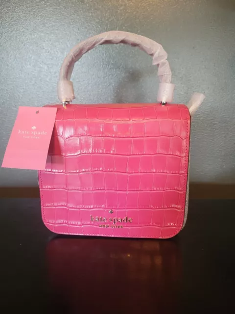 Kate Spade New York Croc Embossed Staci Square Crossbody Handbag In Festive Pink