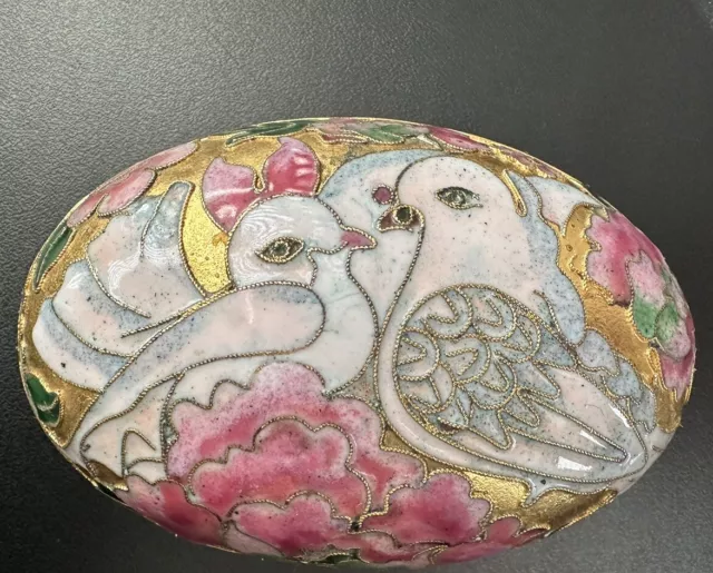 Cloisonne Style Oval Trinket Jewelry Box White Birds Doves Pink Flowers Enamel