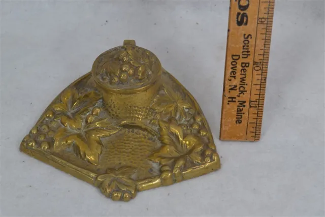 antique ink well bottle desk top stand brass repousse Victorian 19th c original