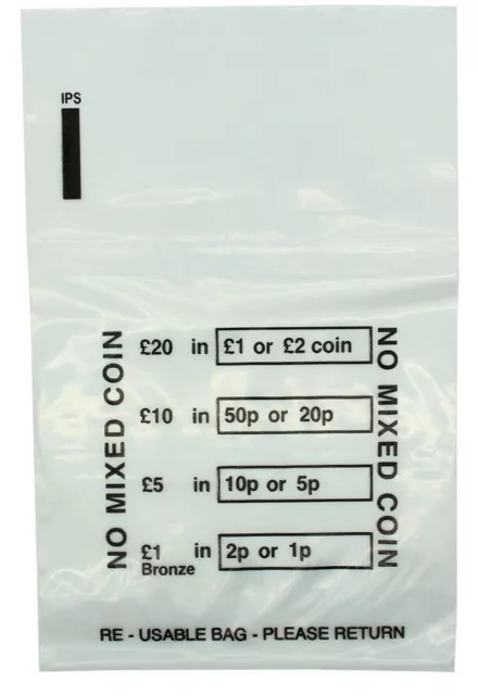 250 x PLASTIC COIN BAGS - NO MIXED COINS CHANGE 