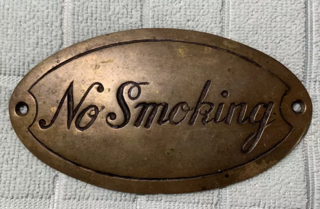 Antique Brass NO SMOKING Wall Sign Art Deco 5 1/4 X 3”