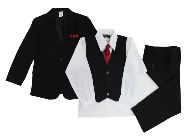 Boys Black Pinstripe Suit 5 Pieces Set with Vest and Tie Size 2T-14 Two Button 2