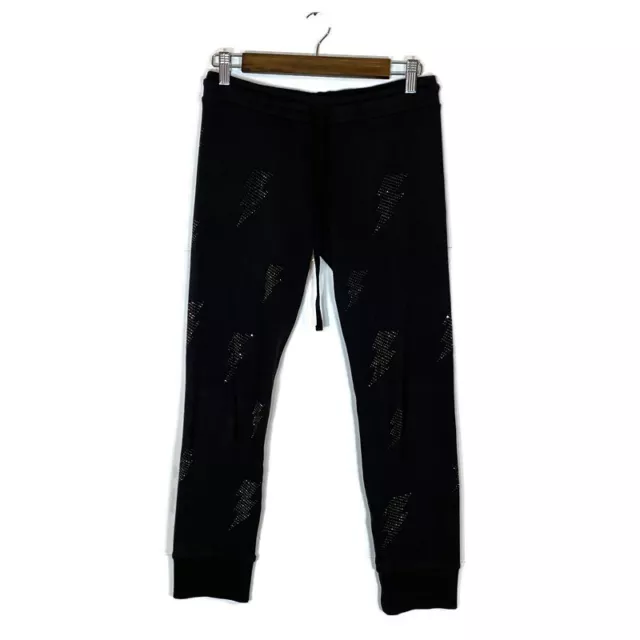 Lauren Moshi Womens Small Jogger Sweatpants Black Lighting Bolt Rhinestone READ