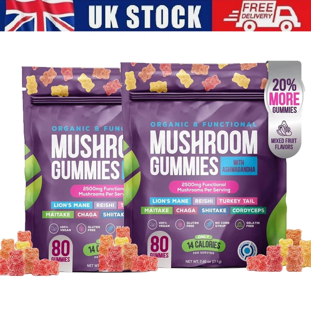 Endrological System 2X MUSHROOM GUMMIES 2500mg with Lion's Mane Ashwaghanda Brain and ...