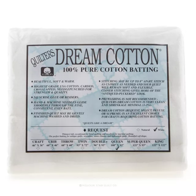 Quilters Dream Cotton Request Natural Queen Size Quilt Batting 108" X 93"