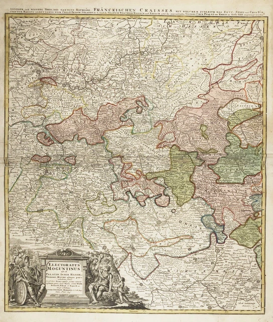 Mainz Frankfurt Heidelberg Worms Wertheim Wetzlar Nassau Rin Tarjeta Homann 1720