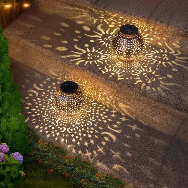 2Pack Solar Garden Lanterns Outdoor Hanging Lights Decorative Metal Moon Star Su