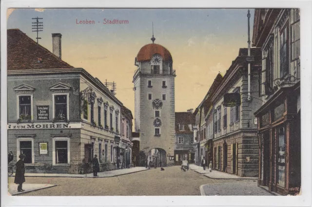 AK Leoben, Stadtturm, Gaststätte zum Mohren 1922