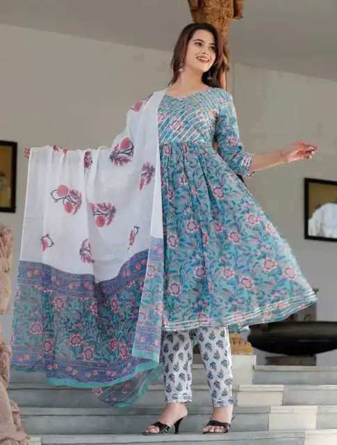 Cotton Salwar kameez Kurti set Anarkali Summer Dress Blue Indian Kurta suit
