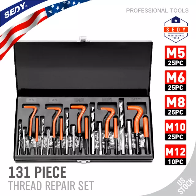 131Pc Thread Repair Kit HSS Drill Helicoil Repair Kit SAE Metric Inch&MM W/Case