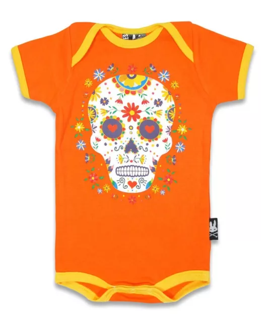 Six Bunnies Skully Baby Romper 100% Premium Cotton Orange Sugar Skulls - 6 month