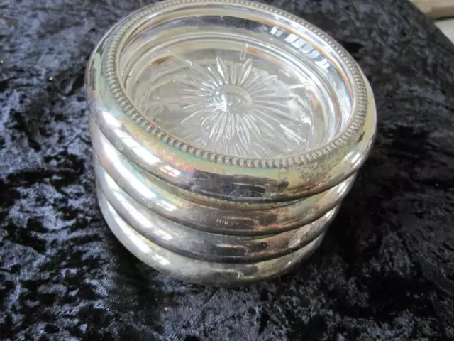 Lot 4 Vintage Matching Silverplate & Glass Coasters ~ Made in Italy
