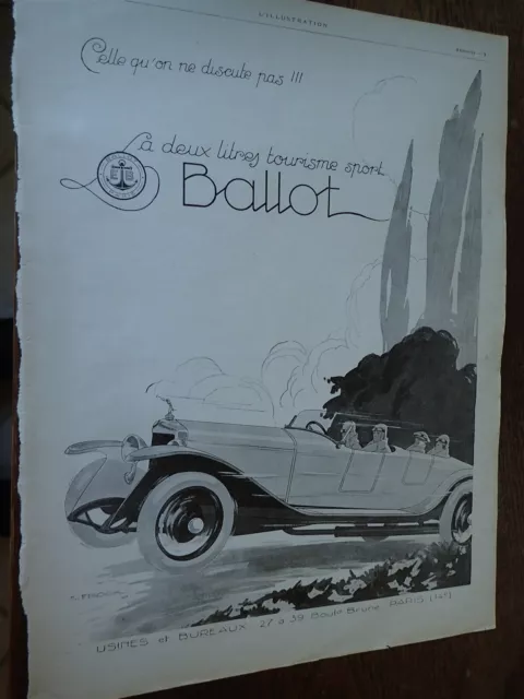 BALLOT voiture 2 litres tourisme sport par E. FROCK pub papier ILLUSTRATION 1925