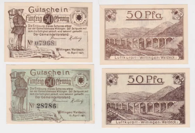 2 x  50 Pfennig Banknoten Notgeld Gemeinde Willingen 1921 (150949)
