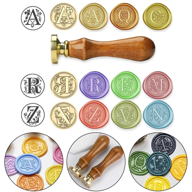 Alphabet A-Z Seal Wax Stamp Botanical Initial Wood Handle Brass Head Letter Card