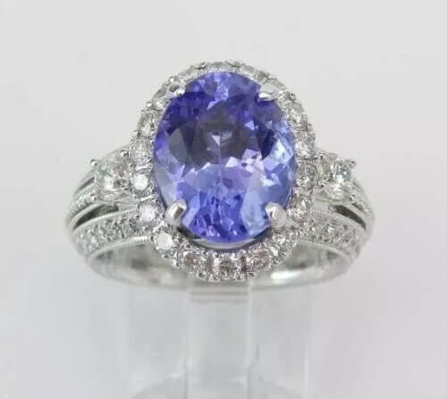 14K White Gold Finish 3.50Ct Oval Cut Blue Tanzanite Women Halo Engagement Ring