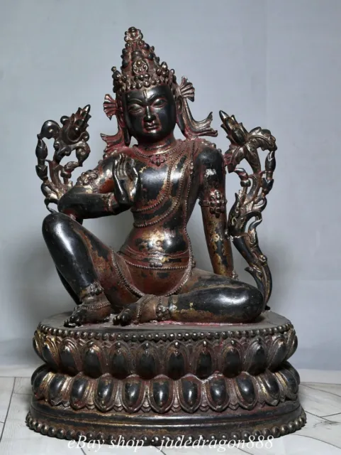 10" Old Tibet Buddhism Marked Copper Sit Lotus Green Tara Goddess Buddha Statue