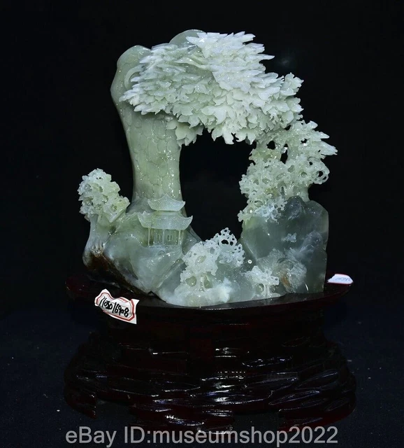 13.6 " Chinese Natural Xiu Jade Carving Fengshui Hill Tree House Statue