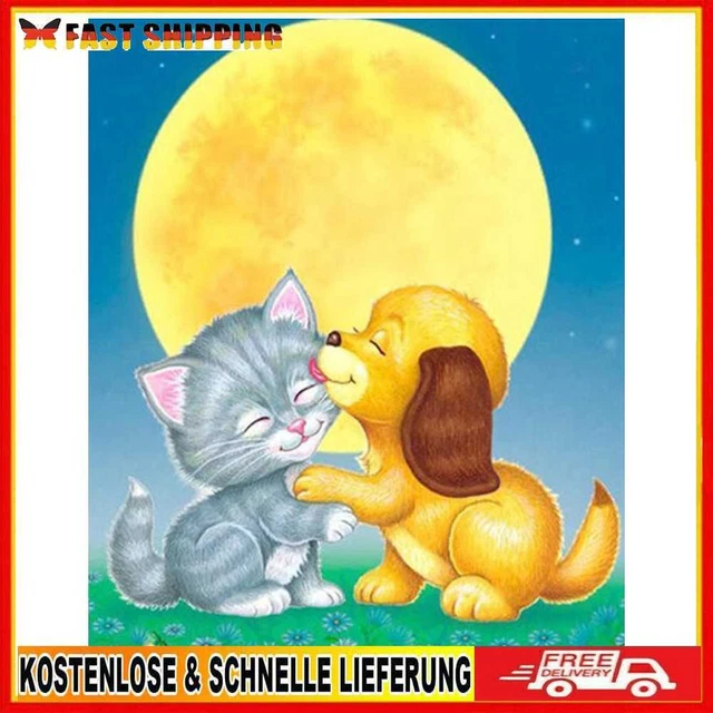 5D Hágalo usted mismo Pintura de Diamantes Luna Llena Gato Perro Arte de Pared Redonda Completa Decoración del Hogar