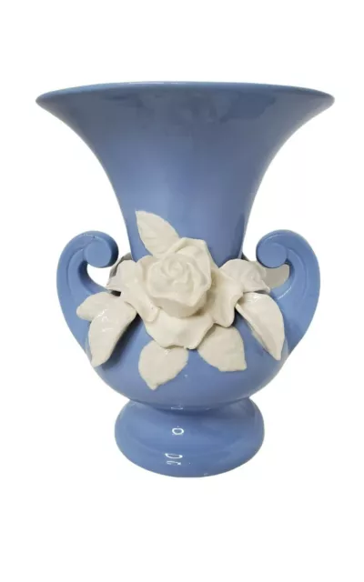 Beautiful Hand Painted Blue W/White Rose Floral Vase Made In Japan. 9"H X 5"W Ba