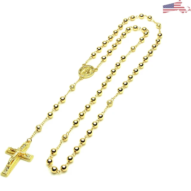 Elegant 28" Gold Plated Rosary Necklace - Detailed Guadalupe & Jesus Cross Beads