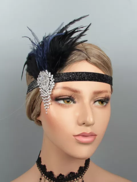 1920s Headband Black Blue Feather Great Gatsby 20s Flapper Headpiece Gangster 3