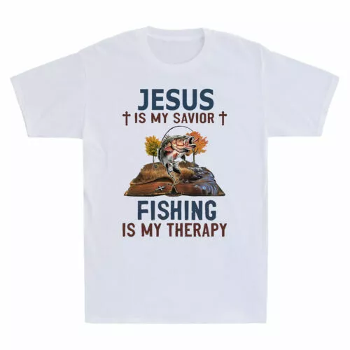 T-shirt uomo Jesus Is My Savior Fishing Is My Therapy divertente regalo cristiano