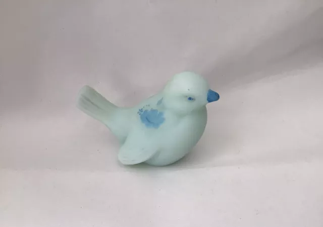 Fenton Blue Satin Glass Bird Hand Painted And Signed