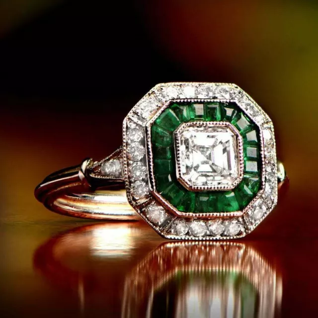 Vintage 3,30 Kt Asscher Grün Diamant Art déco Braut Verlobungsring Weißgold über