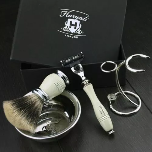 Hombre Afeitado Set, Cuidado Kit Con Tejón Cepillo, 3 Borde Cuchilla, Soporte Y