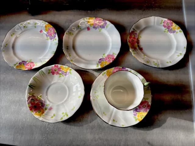 VINTAGE Fine Bone China Part Teaset Pink Floral 1 Cup 2 Saucers & Plates 3