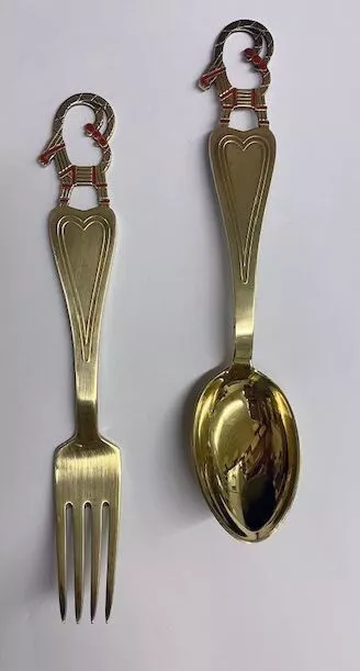 A Michelsen Sterling Silver Gold Wash Enamel Ram Christmas Spoon/Fork 1948