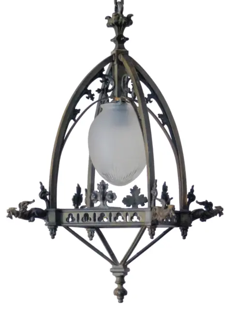 Gorgeous French Sanctuary Bronze Gothic Lantern Chandelier Ceiling Chimera 19TH