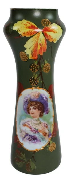Victorian Art Glass Green Portrait Hand Painted Vase